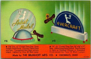 Vintage 1940s Linen Advertising Postcard Brunhoff Mfg Co.  Art Deco Glass Signs