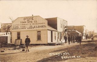 Preston,  Ok,  Midway Ave,  Town - Site & Land Office,  Stores,  Signs,  Rppc 1910