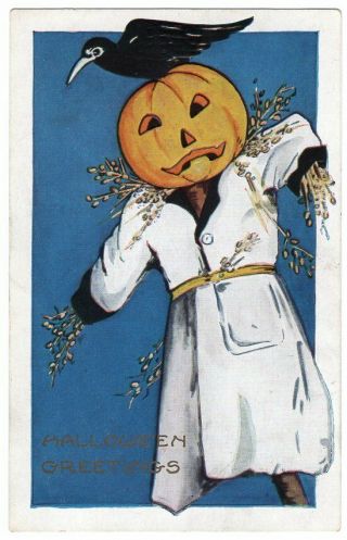Halloween Postcard By Whitney George,  Jol Scarecrow And Ghosts.