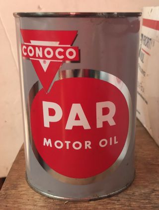 Vintage Conoco Par Full 1 Quart Motor Metal Oil Can - Gas Station - Auto Nos
