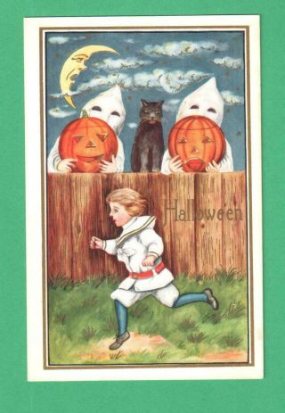 1914 Halloween Postcard Frightened Girl Runs Ghosts Jol 