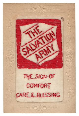 Wwi Silk Embroidered Postcard The Salvation Army Sign Of Comfort Care & Blessing