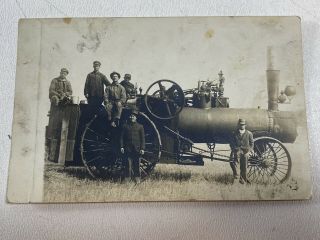 Antique Rppc Case Steam Engine Farm Tractor Implement W/ Farmers Photo Post Card