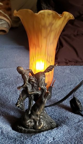Bronze? Cast Iron?horse Cowboy Western Night Light Accent Lamp Amber Glass Shade