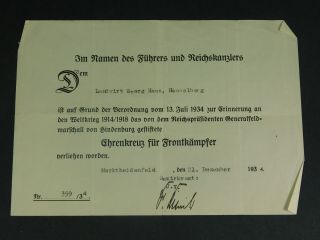 Ww1 German Document For The Hindenberg Cross Awarded 1934 - - M553