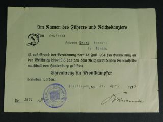 Ww1 German Document For The Hindenberg Cross - - M552