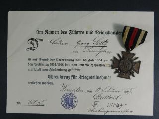 Imperial German Hindenberg Cross W/ Document - - M543
