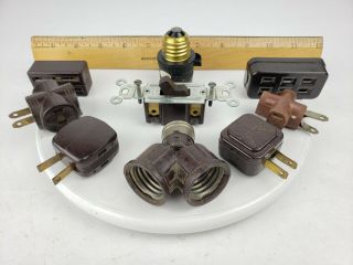 9x Vintage Electrical Bakelite Adapter Socket Switches Plug 2 Prong Bulb Antique