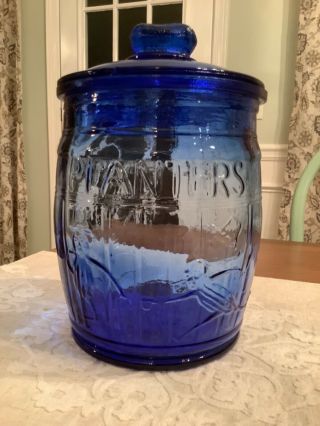 Vintage Cobalt Blue Planters Peanuts Store Counter Glass Display Jar & Lid