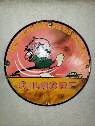 Vintage Gilmore Gasoline Porcelain Sign Gas Oil Service Station Pump Plate