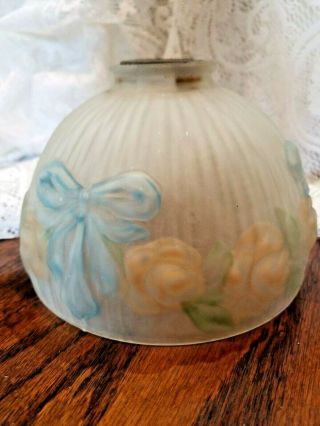 Antique Reverse Painted Lamp Shade Flowers Blue Bows Frosted 2 1/8 " Fitter 6 1/2