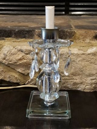 Vintage Nightstand Vanity Glass Side Table Lamp Light Hanging Crystals Prisms