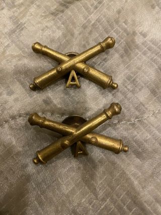 Pre Ww1 Us Army Artillery Brass Officers Collar Insignia Pair,  Screw Back “a” Co