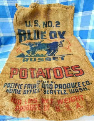 Vintage Blue Ox Burlap 100 Pound Potato Sack Pacific Fruit & Produce Co Seattle