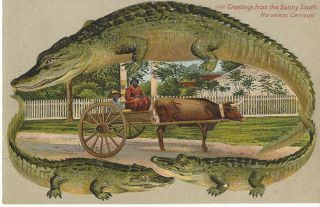 Black Americana Postcard Embossed Alligator Border Horseless Carriage S652