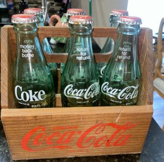Vtg Coca Cola Coke Wooden Six Pack Carrier.  & 6 6oz Bottles Great Collector