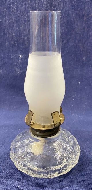 Vintage Mini Oil Lamp Clear Glass Base And Clear/frosted Chimney
