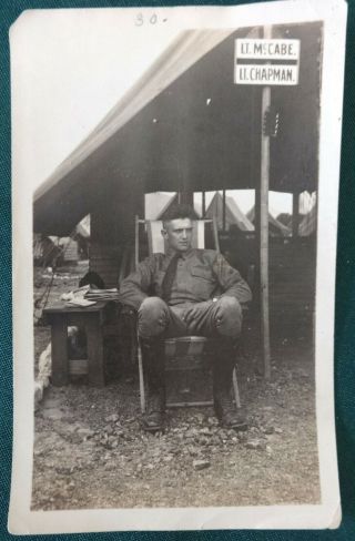 Wwi Photograph Lt.  Mccabe & Chapman In Tent,  Handsome Man At Camp