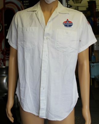 Vtg Lee White Standard Oil Gas Service Station Attendant Uniform Shirt Size M