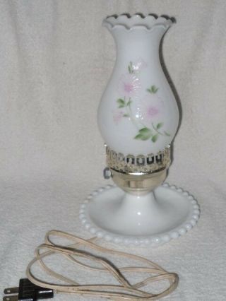 Vintage Milk White Glass Brass Table Lamp And Floral Opaque Art Glass Shade