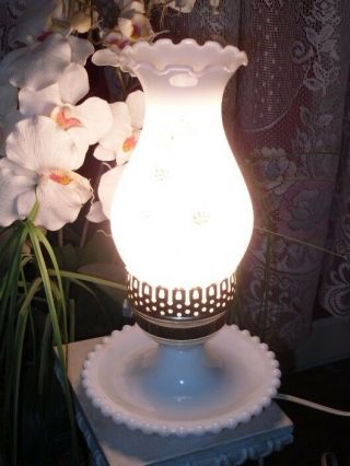 Vintage Milk White Glass Brass table Lamp and Floral Opaque Art Glass Shade 2