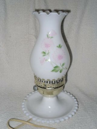 Vintage Milk White Glass Brass table Lamp and Floral Opaque Art Glass Shade 3
