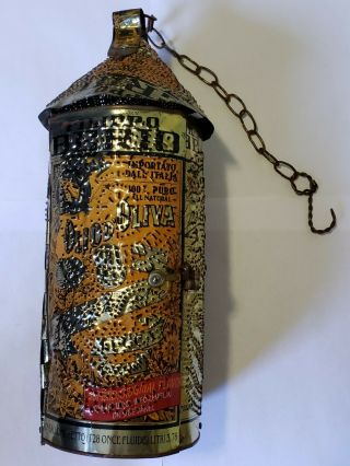 Vintage Folk Art Lantern Hand Made In Italy Olive Oil Tin Hanging Sconce
