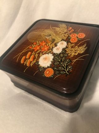 Vtg Otagiri Black Lacquer Box Square Painted And Applied Flowers Bento Candy 19