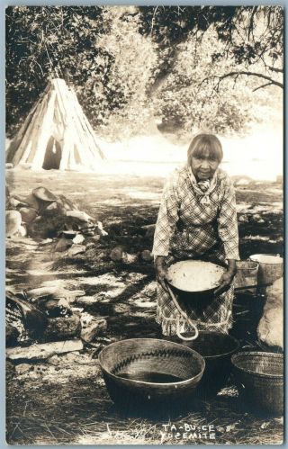 Paiute Indian Ta - Bu - Ce Prepares Meal Yosemite Valley Ca Vintage Real Photo Rppc