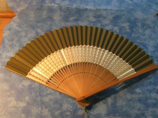 Vintage Japanese Bamboo Frame Folding Fan Silver Pattern Sensu Paper Signed