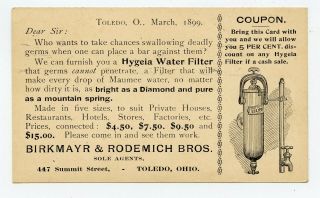 Illustrated Government Ux Postal Card 1899 Hygeia Water Filters Toledo,  Ohio