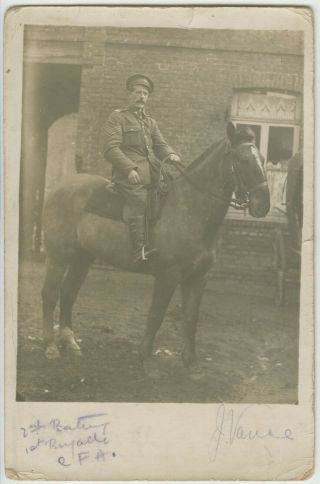 Ww1 Soldier Sgt.  J.  Vance On Horseback,  2nd Battery,  1st Brigade Cfa
