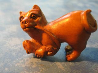 Japanese Hand Carved Wooden Cat With Mouse Netsuke Signed