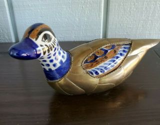 Duck Vintage Brass Copper And Blue/white Ceramic Glazed Duck Figurine