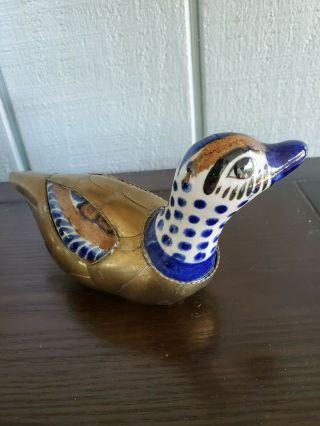 Duck Vintage Brass Copper and Blue/White Ceramic Glazed Duck Figurine 2
