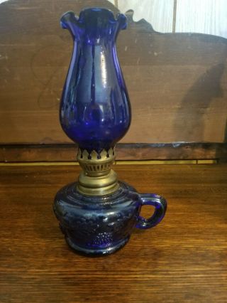 Vintage Mini Cobalt Blue Oil Lamp With Finger Hold.