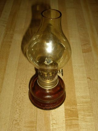Vintage Hong Kong Amber Glass Mini Oil Lamp With Chimmey 7 1/4 " Tall