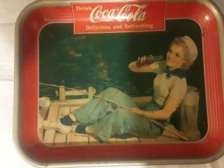 Coca Cola 1940 Sailor Girl Fishing Serving Tray American Art Coshocton Oh
