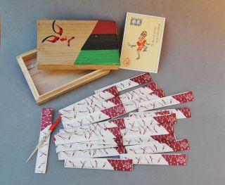 Japan Fortune Telling Toothpicks In Wood Box Case 3 1/2 " X 2 1/4 " X 7/8 " Folk Art