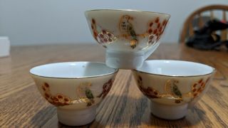 Vintage Miniature Porcelain Saki Cups Hand Painted Gold Bird & Floral Design
