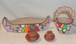Vintage Indian Craft Souvenir Miniature Pottery - Canoe,  Basket,  Tiny Pots