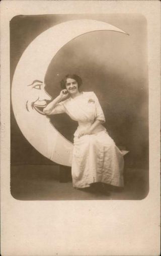 Rppc Woman Sitting On Paper Moon The Post O Graph Studio Real Photo Post Card