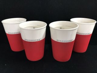 Set Of 4 Starbucks 2011 Bone China Red Silicone Rubber Grip Coffee Cups/mugs