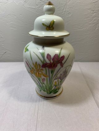 Vintage Japanese Hand Painted Flower And Butterfly Ceramic Ginger Jar
