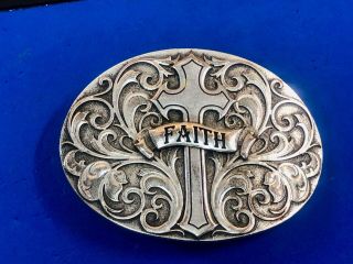 Western Declaration Of Faith Cross Silver Tone Belt Buckle