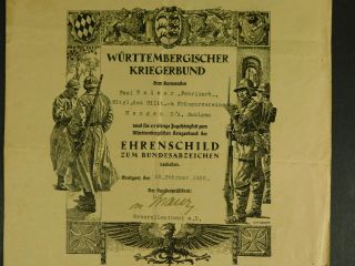 Imperial German Document For The Wurttemberg Honor Shield - - - M459