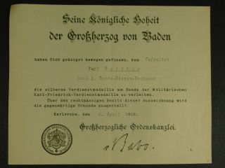 Imperial German Document For Baden Silver Service Medal; To An Ulan - - - M458