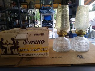 Vintage Anchor Hocking Soreno Patio Oil Lamps Honey Gold Beehive Set Of 2