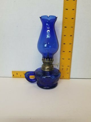 Vintage Mini Cobalt Blue Oil Lamp With Finger Hold Blue Chimney/ Fall Décor Base