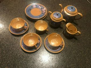 Vintage Japanese Lusterware Blue & Orange Parrot Tea Set 2
